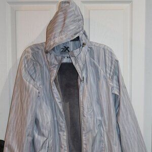 Women's ZeroXposure gray and white hooded, lined rain jacket. Medium, Like new.